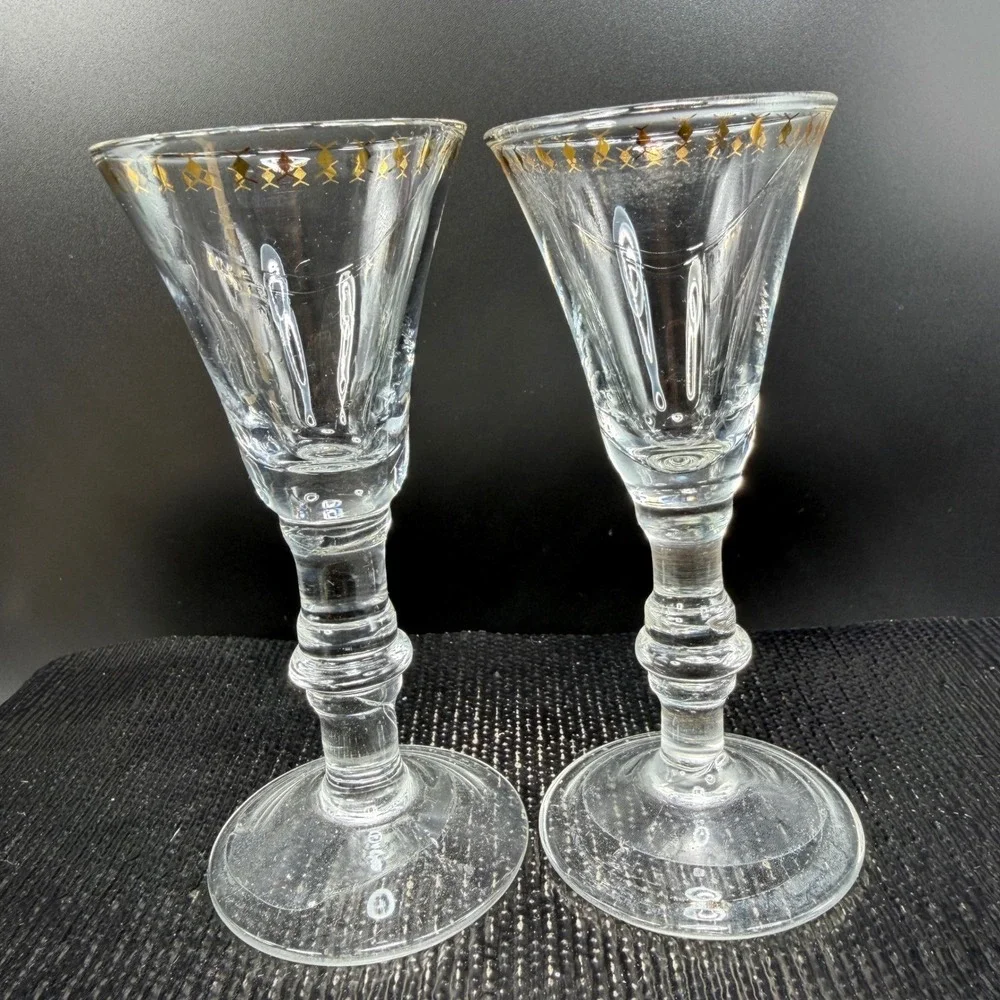 West Elm Gold‎ Cordial Glasses Set of 2 Clear Glass Stemmed Barware Cups Glasses
